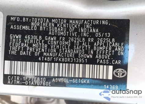 2013 Toyota Camry Xle from USA, damaged, VIN 4T4BF1FK8DR313951